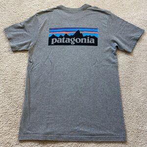 Patagonia P-6 logo tshirt, men’s medium, regular fit, gray